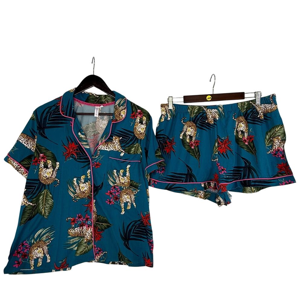 Joyspun Teal Cheetah Floral Pajama Set XL